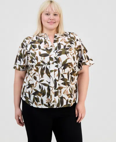 Anne Klein Essentials Plus Size Printed Flutter-sleeve Top In Multi