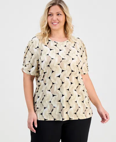 Anne Klein Essentials Plus Size Printed Pleated-sleeve Top In Multi
