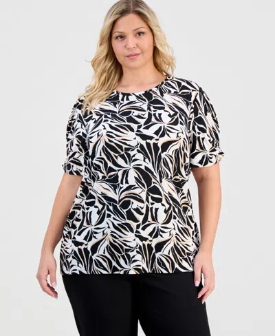 Anne Klein Essentials Plus Size Printed Pleated-sleeve Top In Multi