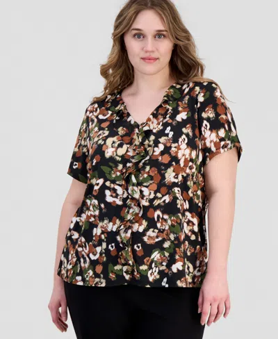 Anne Klein Essentials Plus Size Printed Ruffled V-neck Top In Multi