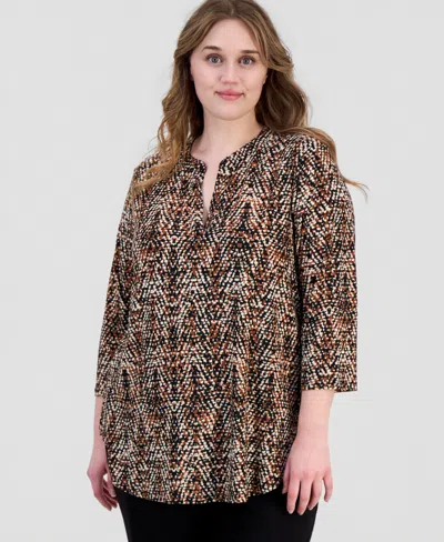 Anne Klein Essentials Plus Size Printed Split-neck 3/4-sleeve Top In Brown