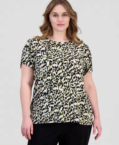 Anne Klein Essentials Plus Size Printed Tulip-sleeve Top In Black