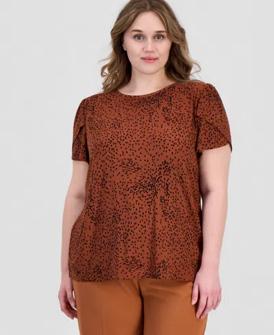 Anne Klein Essentials Plus Size Printed Tulip-sleeve Top In Brown