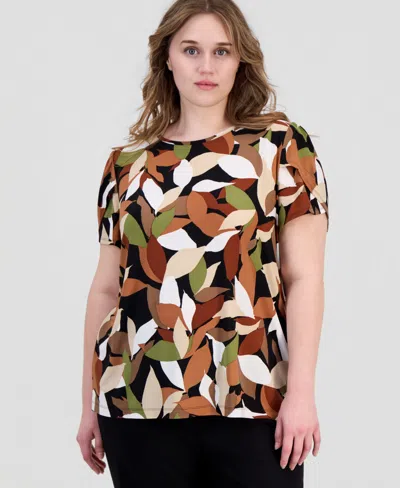 Anne Klein Essentials Plus Size Printed Tulip-sleeve Top In Multi