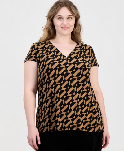 Anne Klein Essentials Plus Size Printed V-neck Cap-sleeve Top In Anne Black,vicuna