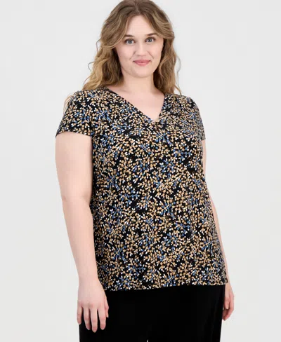Anne Klein Essentials Plus Size Printed V-neck Short-sleeve Top In Anne Black Multi