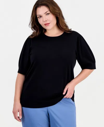 Anne Klein Essentials Plus Size Puffed-sleeve Crewneck Sweater In Anne Black