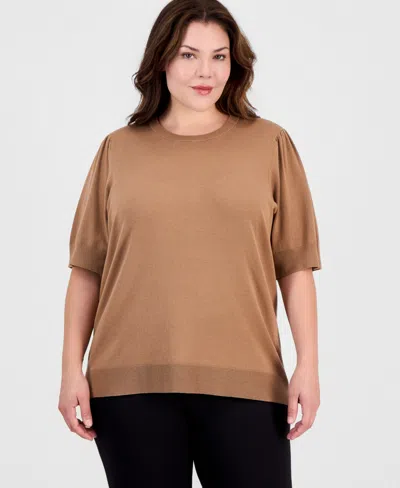 Anne Klein Essentials Plus Size Puffed-sleeve Crewneck Sweater In Vicuna