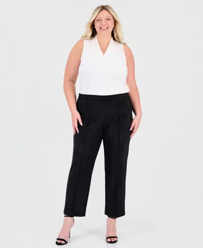 Anne Klein Essentials Plus Size Pull-on Pintuck Straight-leg Scuba Suede Pants In Anne Black