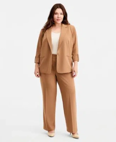 Anne Klein Essentials Plus Size Roll Tab Sleeve One Button Blazer High Rise Straight Leg Pants In Vicuna