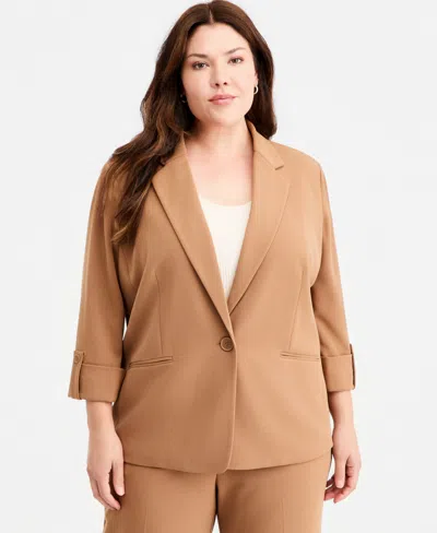 Anne Klein Essentials Plus Size Roll-tab-sleeve One-button Blazer In Vicuna