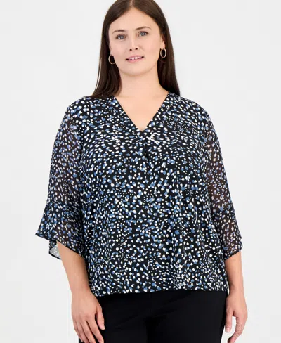 Anne Klein Essentials Plus Size Ruffle-cuff V-neck Top In Blue