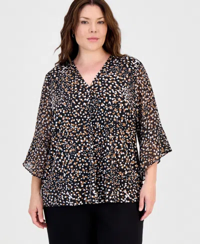 Anne Klein Essentials Plus Size Ruffle-cuff V-neck Top In Anne Black,vicuna Multi
