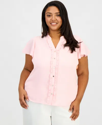 Anne Klein Essentials Plus Size Ruffled Button-front Top In Pink