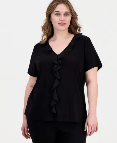 Anne Klein Essentials Plus Size Ruffled Short-sleeve Top In Black