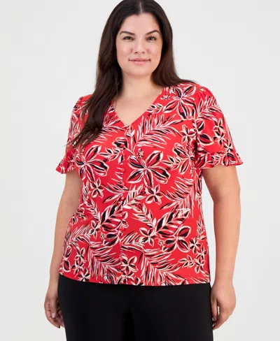 Anne Klein Essentials Plus Size Ruffled-cuff Short-sleeve Top In Begonia Red Multi