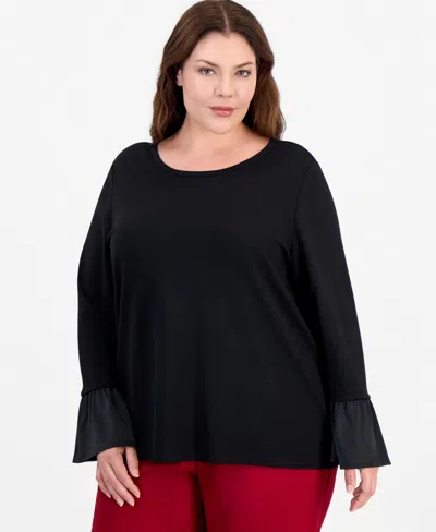 Anne Klein Essentials Plus Size Satin Flutter Sleeve Blouse In Black