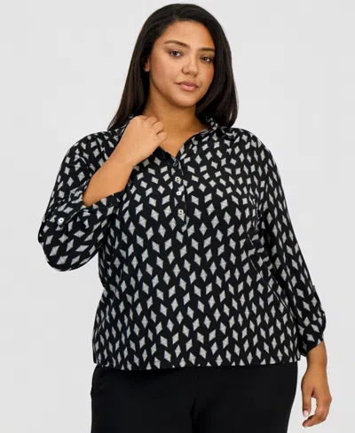 Anne Klein Essentials Plus Size Scrunched-sleeve Knit Top In Multi