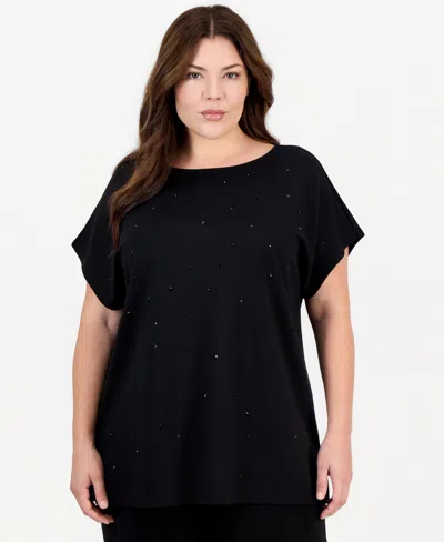 Anne Klein Essentials Plus Size Serenity Boat Neck Heatset Stones Top In Anne Black