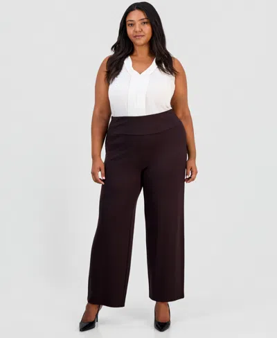 Anne Klein Essentials Plus Size Serenity High-rise Wide-leg Pull-on Trouser In Deep Mahogany