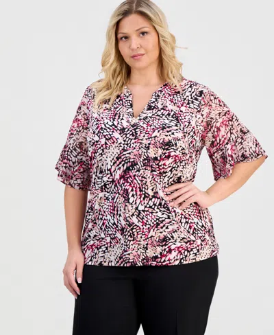 Anne Klein Essentials Plus Size Split-neck Printed Flutter-sleeve Top