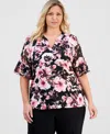 Anne Klein Essentials Plus Size Split-neck Printed Flutter-sleeve Top In Multi