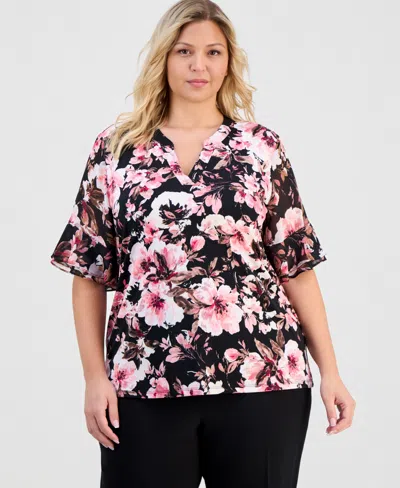 Anne Klein Essentials Plus Size Split-neck Printed Flutter-sleeve Top In Multi