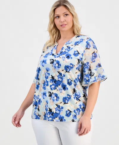 Anne Klein Essentials Plus Size Split-neck Printed Flutter-sleeve Top In Multi