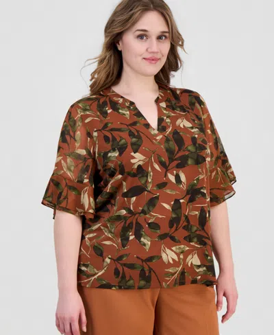Anne Klein Essentials Plus Size Split-neck Ruffled-cuff Top In Multi