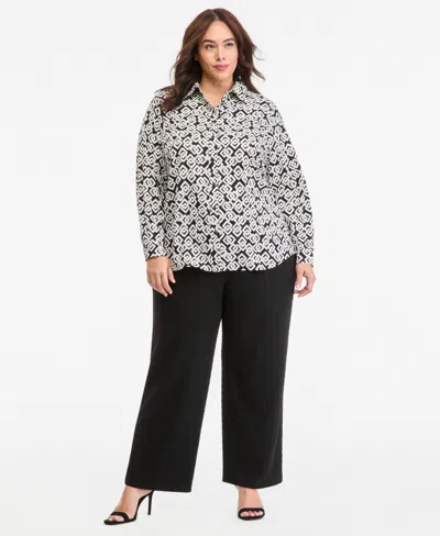 Anne Klein Essentials Plus Size Stretch Wide-leg Houndstooth Pants In Anne Black