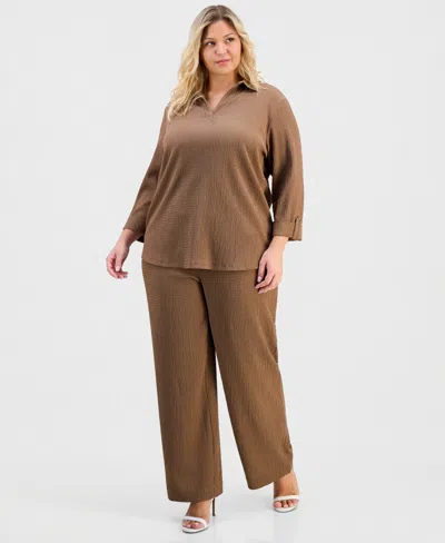 Anne Klein Essentials Plus Size Textured Wide Leg Pants In Brown