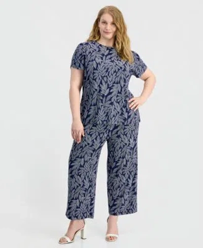Anne Klein Essentials Plus Size Tulip Sleeve Top Wide Leg Cropped Pull On Pants In Distant Mountain Multi
