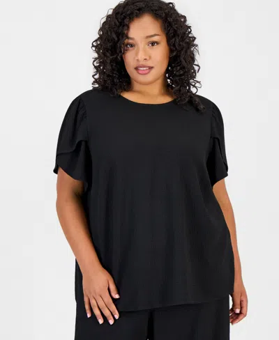 Anne Klein Essentials Plus Size Tulip-sleeve Top In Black