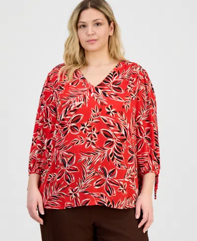 Anne Klein Essentials Plus Size V-neck 3/4-sleeve Top In Multi