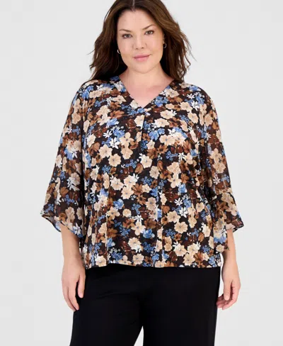 Anne Klein Essentials Plus Size V-neck Flared 3/4-sleeve Top In Anne Black Multi
