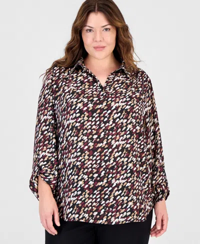 Anne Klein Essentials Plus Size V-neck Long Roll-tab Sleeves Blouse In Anne Black Multi
