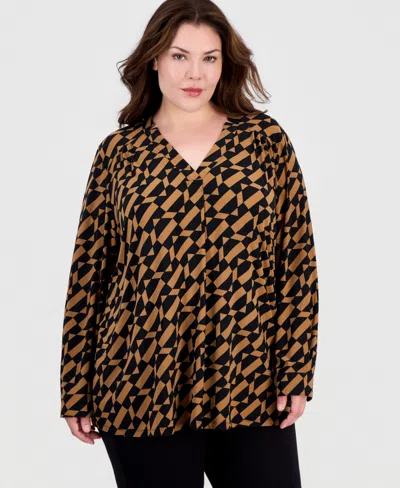 Anne Klein Essentials Plus Size V-neck Long-sleeve Top In Anne Black,vicuna