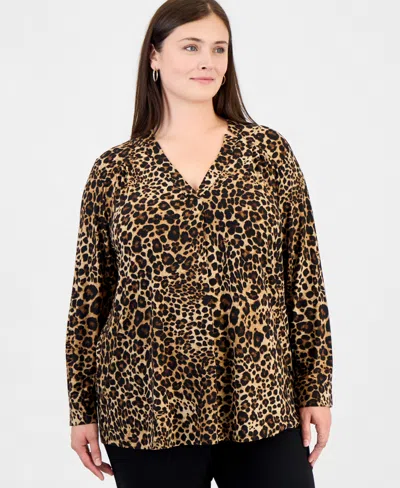 Anne Klein Essentials Plus Size V-neck Notch Collar Blouse In Anne Black Multi