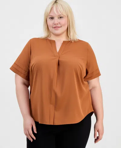 Anne Klein Essentials Plus Size V-neck Pleated Popover Top In Brown