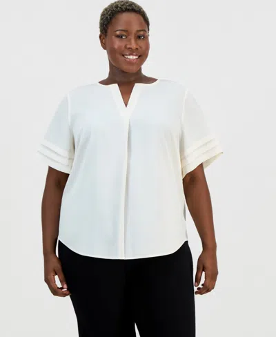 Anne Klein Essentials Plus Size V-neck Pleated Popover Top In White