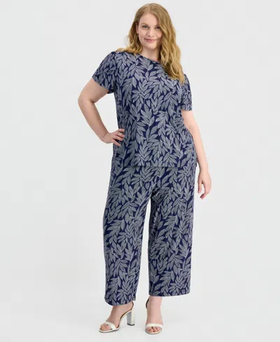 Anne Klein Essentials Plus Size Wide-leg Cropped Pull-on Pants In Distant Mountain Multi