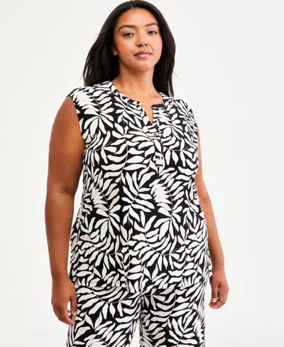 Anne Klein Essentials Plus Size Y-neck Printed Pull-on Top In Multi