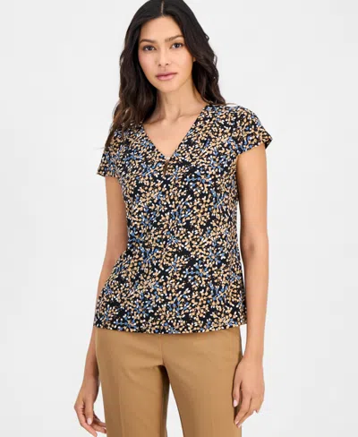 Anne Klein Essentials Printed Pleated-neck Cap-sleeve Top In Anne Black Multi