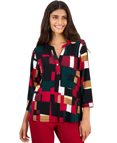 Anne Klein Essentials Women's Henley 3/4-sleeve Split-neck Top In Multi