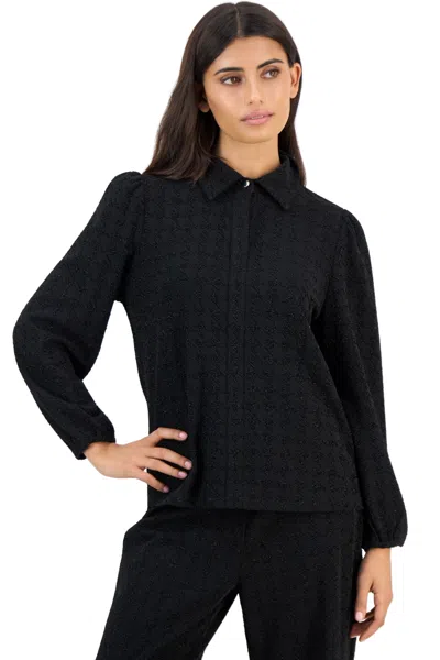 Anne Klein Essentials Women's Houndstooth Puff-sleeve Long-sleeve Blouse In Black