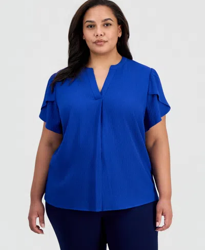 Anne Klein Essentials Women's Notched-neck Tulip-sleeve Top In Blue