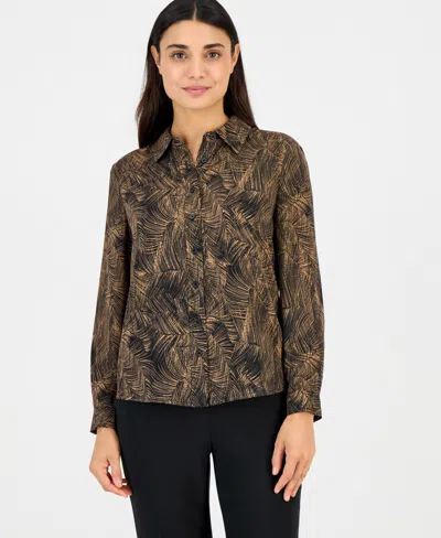 Anne Klein Essentials Women's Petite Button-down Collared Blouse In Vicuna,anne Black