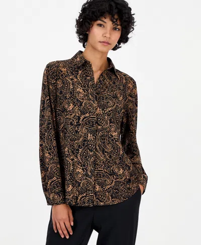 Anne Klein Essentials Women's Petite Long-sleeve Paisley Point-collar Button Down Shirt In Anne Black,vicuna