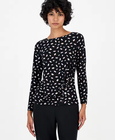 Anne Klein Essentials Women's Petite Long-sleeve Ruched Rivet-detail Blouse In Anne Black Multi