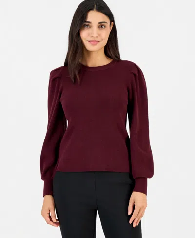 Anne Klein Essentials Women's Petite Puff-sleeve Crewneck Sweater In Barolo